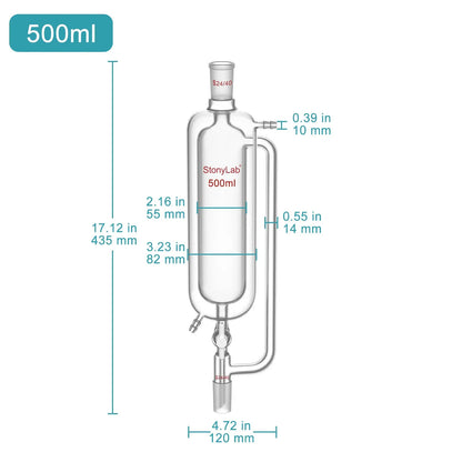 Jacketed Pressure Equalizing Graduated Addition Funne, 24/40 Joints, PTFE Stopcock, 100-1000 ml Funnels-Pressure Equalizing Addition