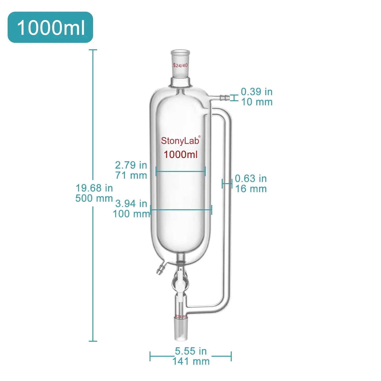 Jacketed Pressure Equalizing Graduated Addition Funne, 24/40 Joints, PTFE Stopcock, 100-1000 ml Funnels-Pressure Equalizing Addition