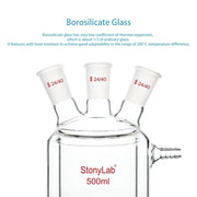 Side view and dimensional layout of the durable StonyLab Jacketed Reaction Flask