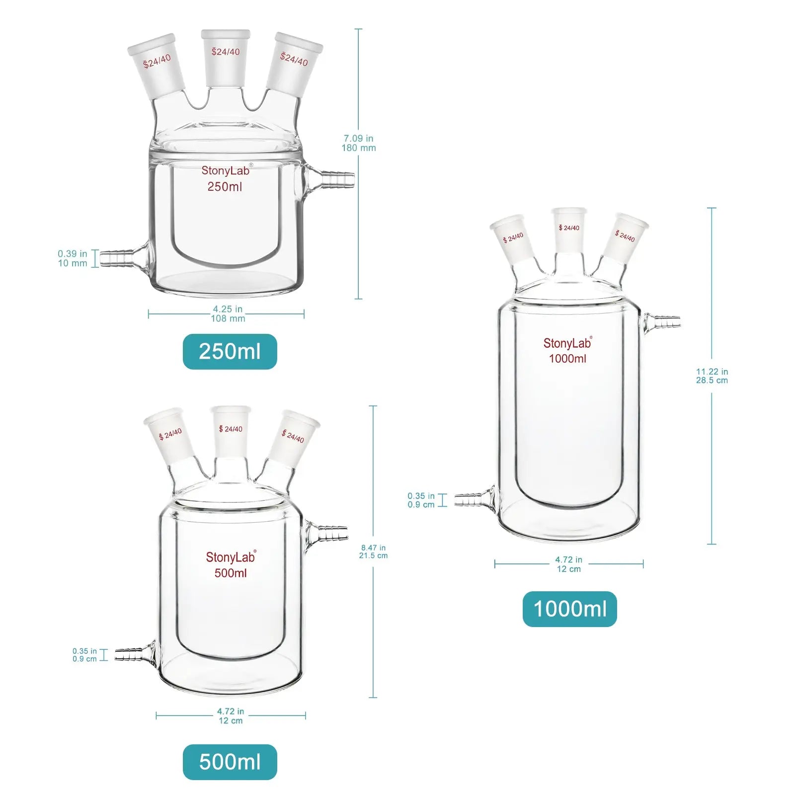 Jacketed Reaction Flask, 24/40 Joint, 250-1000 mL Flasks-Jacketed