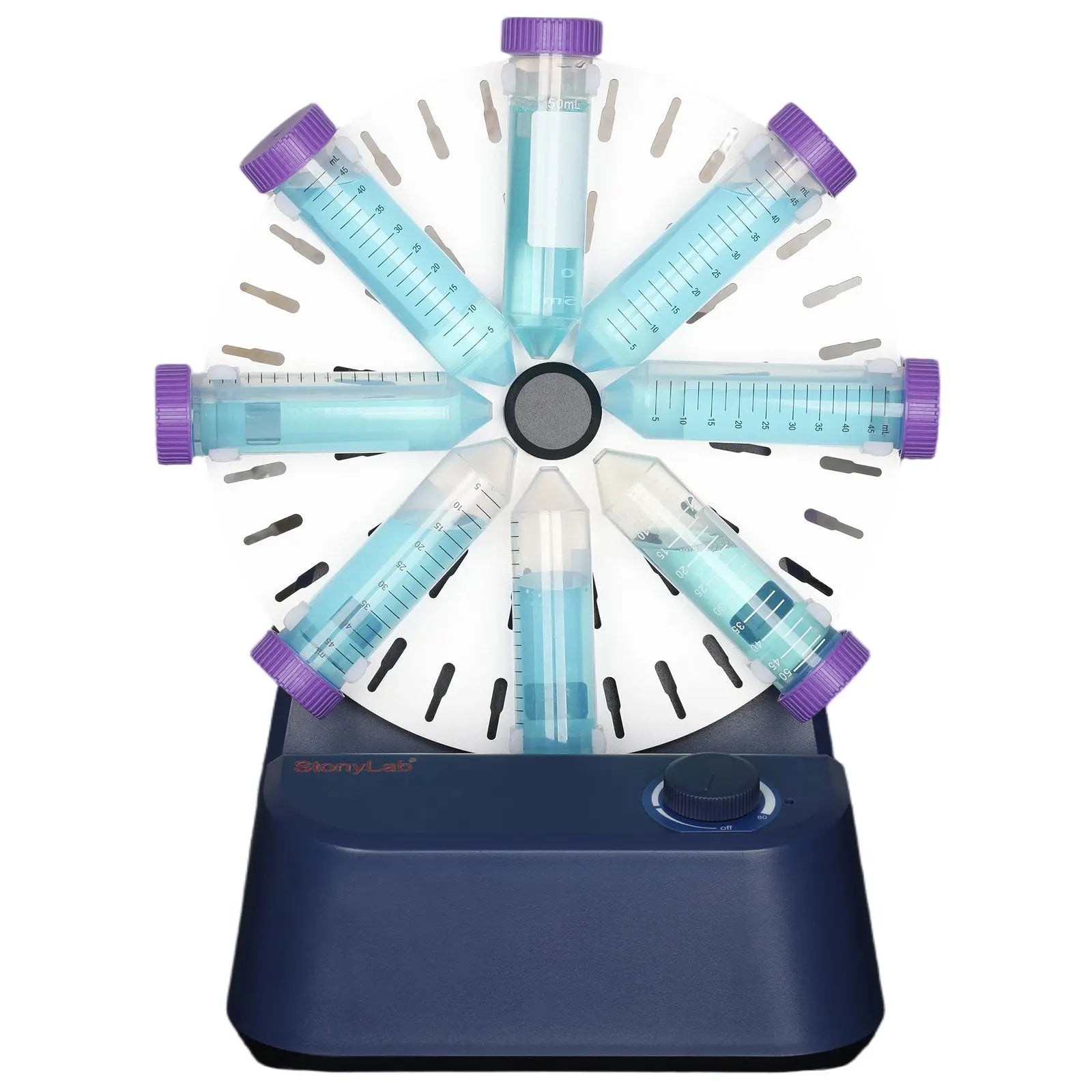 Laboratory tube rotator with adjustable 0–80 rpm rotation speed for gentle sample mixing with interchangeable 1.5 ml 15 ml and 50 ml tube holders StonyLab