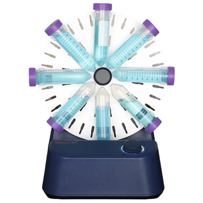 Laboratory tube rotator with adjustable 0–80 rpm rotation speed for gentle sample mixing with interchangeable 1.5 ml 15 ml and 50 ml tube holders StonyLab
