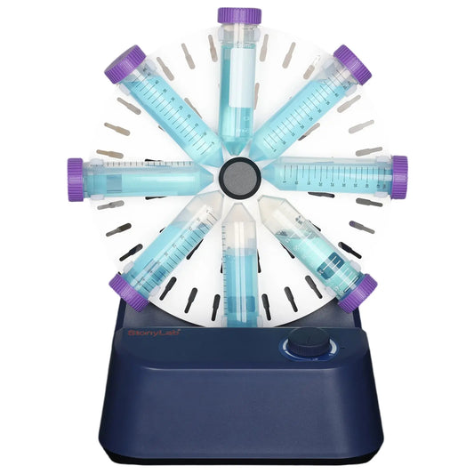 Laboratory tube rotator with adjustable 0–80 rpm rotation speed for gentle sample mixing with interchangeable 1.5 ml 15 ml and 50 ml tube holders StonyLab