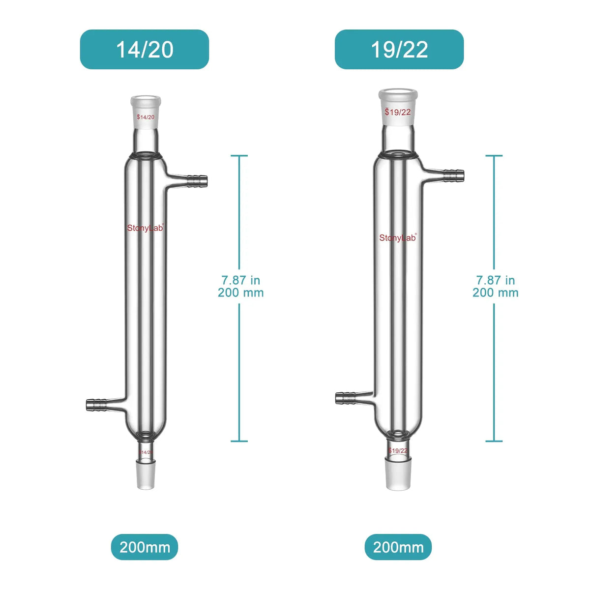 Borosilicate glass Liebig condenser with 200 mm 300 mm 400 mm and 500 mm jacket lengths for distillation and reflux laboratory setups StonyLab