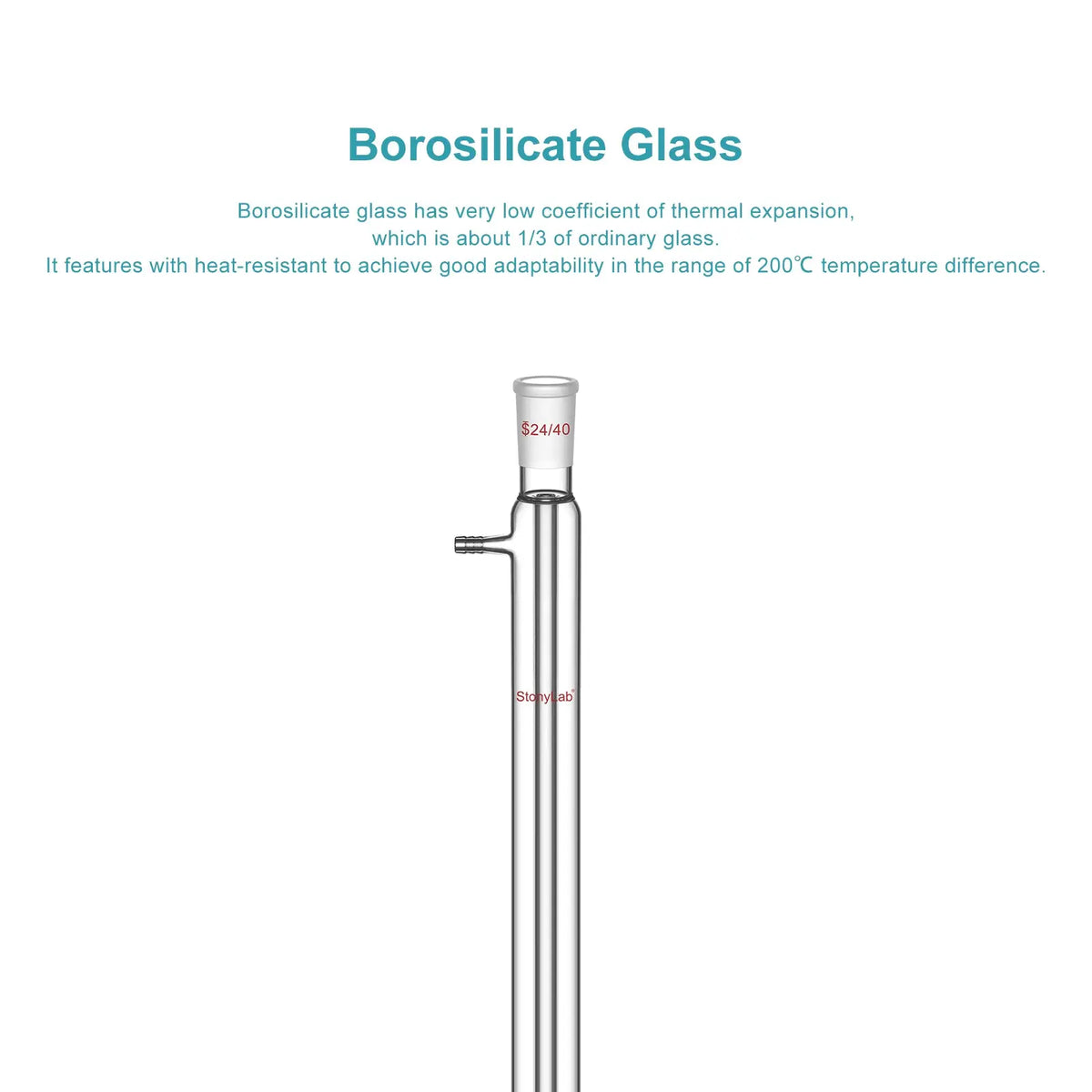 Borosilicate glass Liebig condenser with 200 mm 300 mm 400 mm and 500 mm jacket lengths for distillation and reflux laboratory setups StonyLab