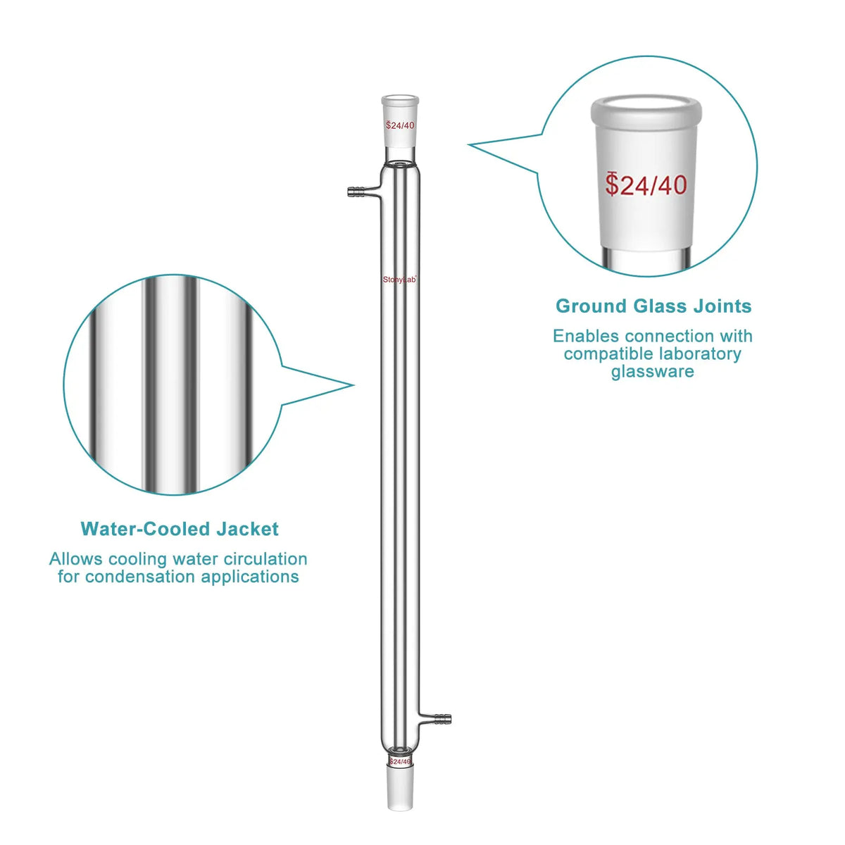 Borosilicate glass Liebig condenser with 200 mm 300 mm 400 mm and 500 mm jacket lengths for distillation and reflux laboratory setups StonyLab