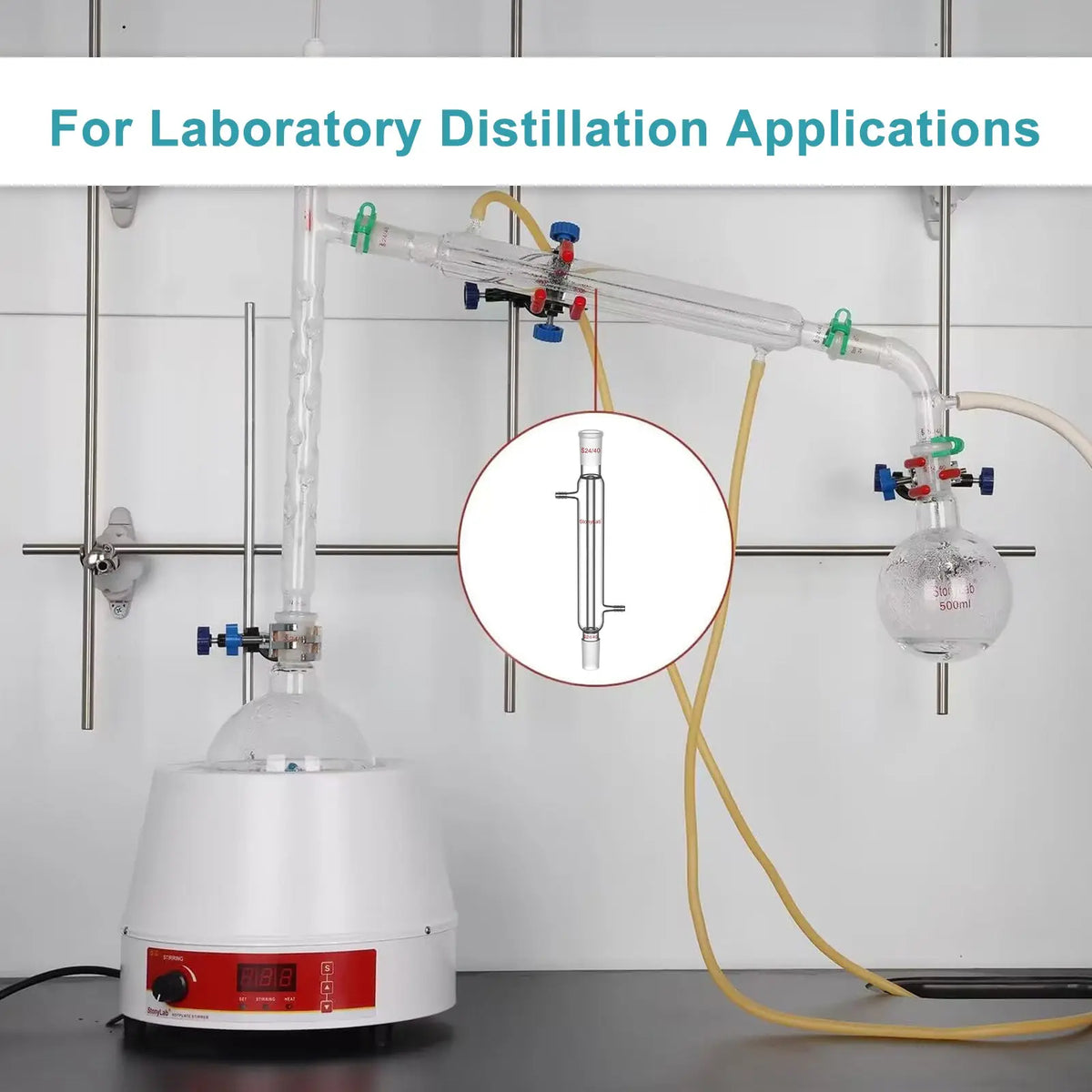 Borosilicate glass Liebig condenser with 200 mm 300 mm 400 mm and 500 mm jacket lengths for distillation and reflux laboratory setups StonyLab