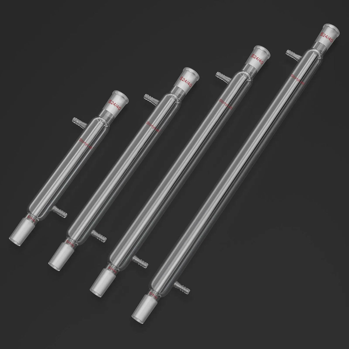 Borosilicate glass Liebig condenser with 200 mm 300 mm 400 mm and 500 mm jacket lengths for distillation and reflux laboratory setups StonyLab