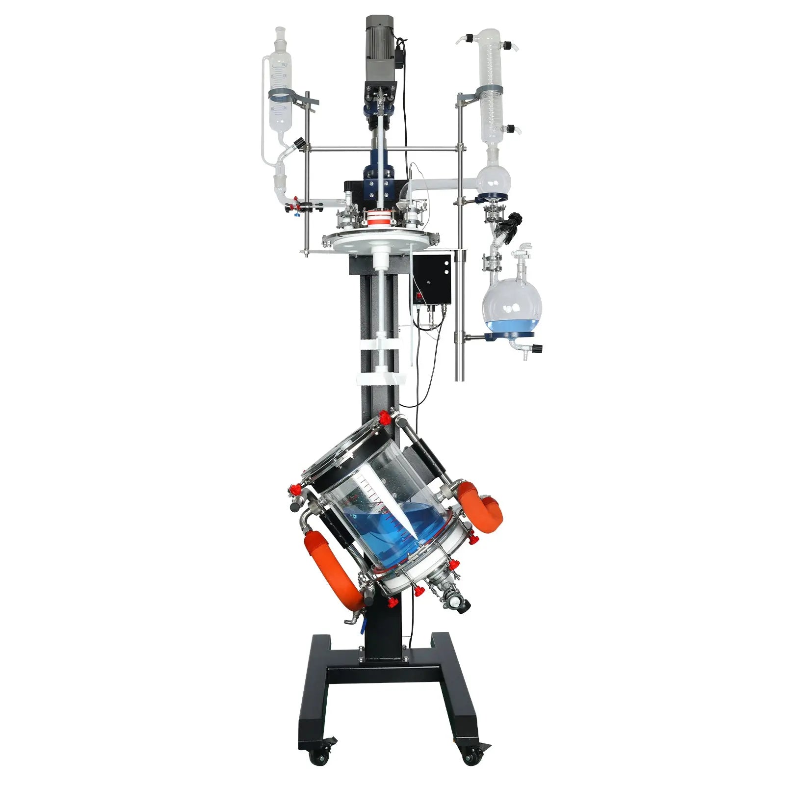 Close-up view showing the precise design and material of StonyLab 5L Jacketed Glass Reactor System with Lifting and Rotary Mixing Function