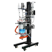 Side view and dimensional layout of the durable StonyLab 5L Jacketed Glass Reactor System with Lifting and Rotary Mixing Function