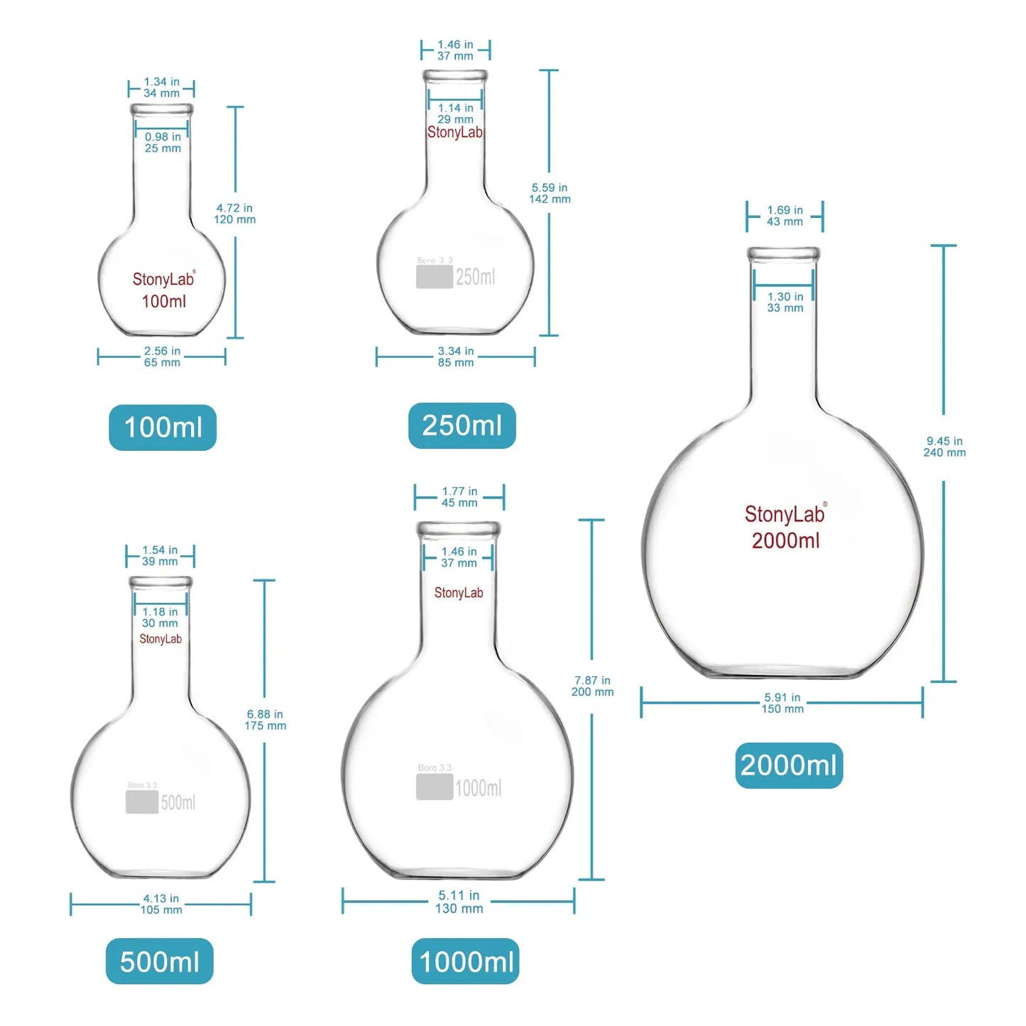 Long Neck Flat Bottom Flask, 100-2000 ml Flasks-Flat Bottom