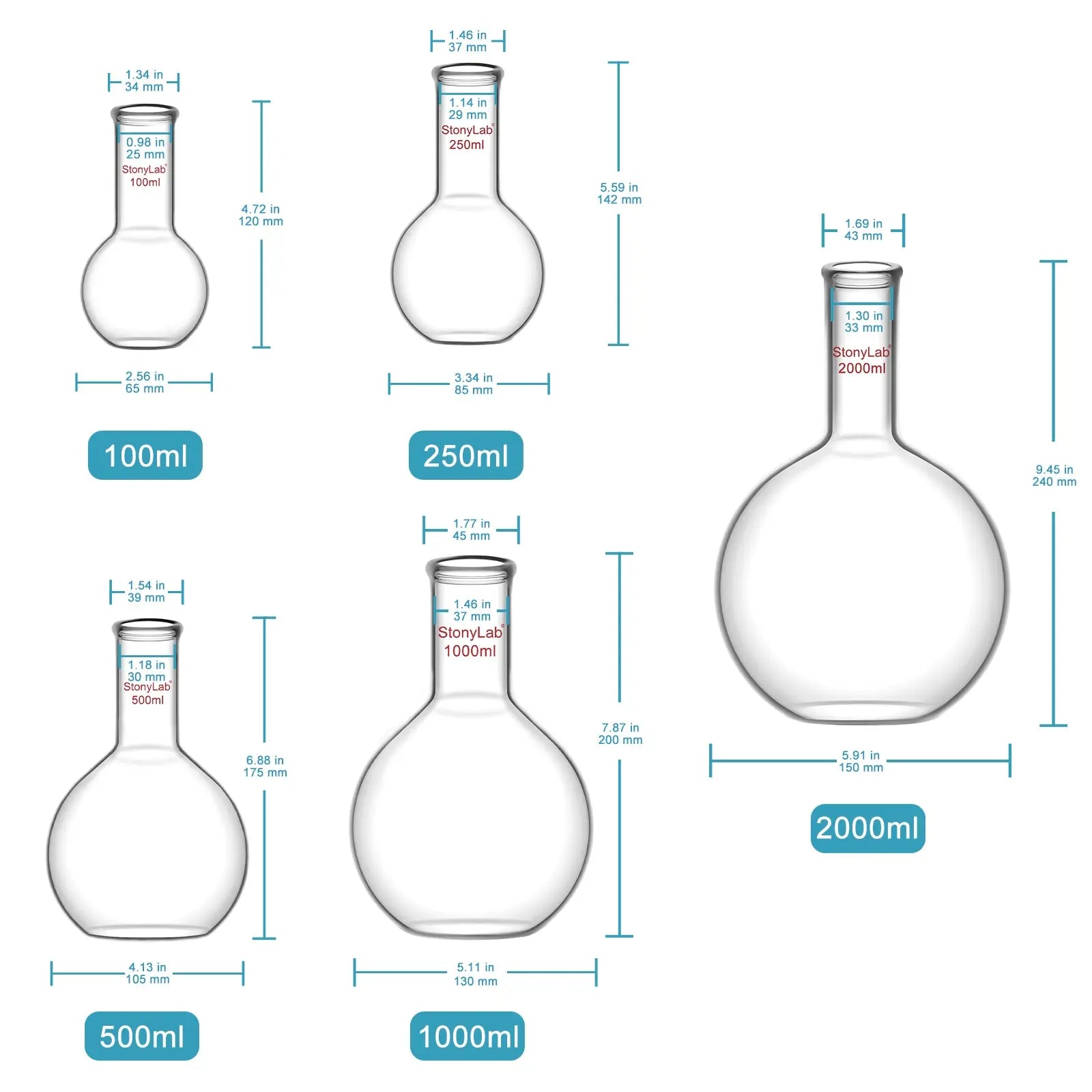 Close-up view showing the precise design and material of StonyLab Long Neck Flat Bottom Flask