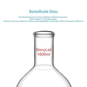 Side view and dimensional layout of the durable StonyLab Long Neck Flat Bottom Flask