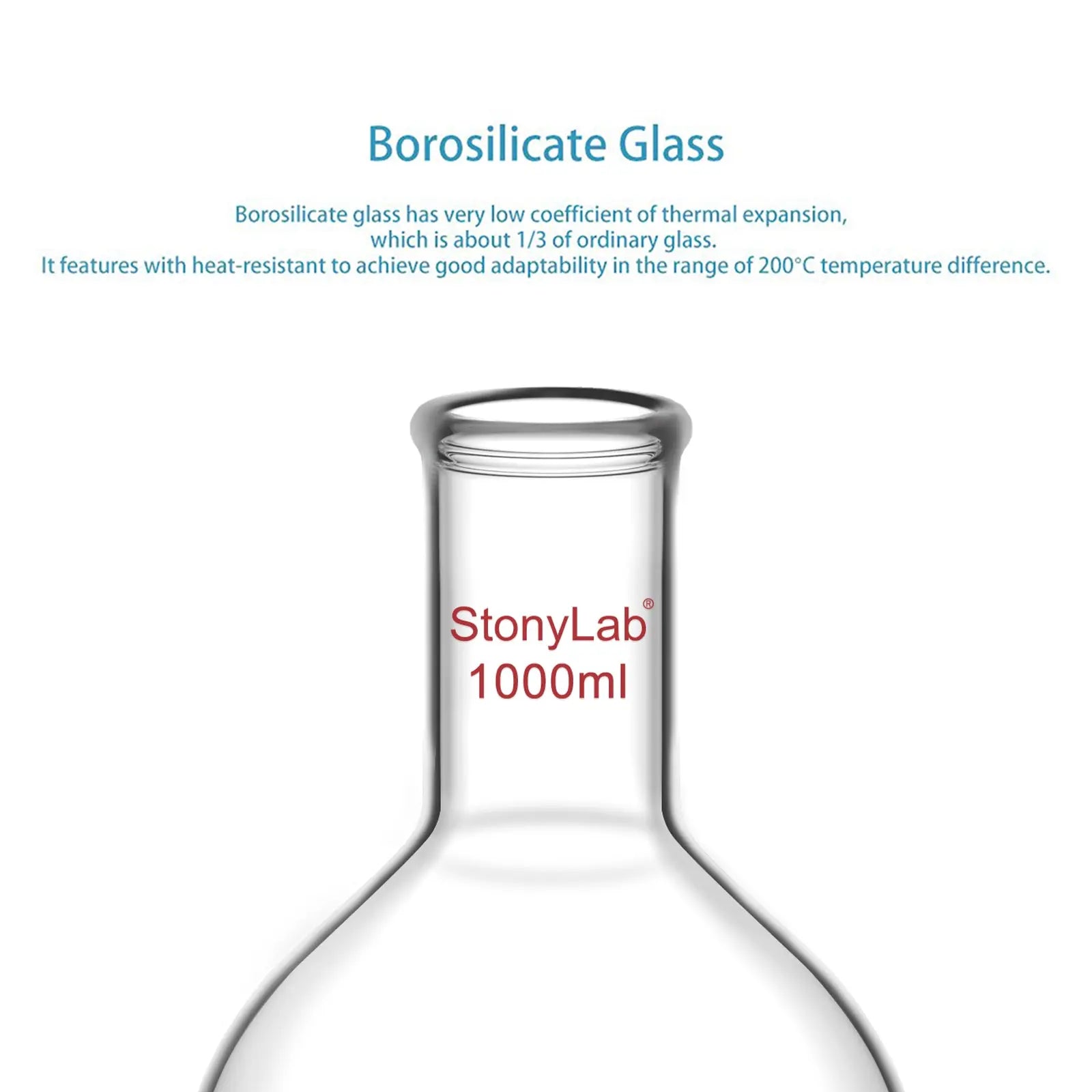 Side view and dimensional layout of the durable StonyLab Long Neck Flat Bottom Flask