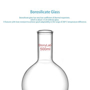 Side view and dimensional layout of the durable StonyLab Long Neck Round Bottom Flask
