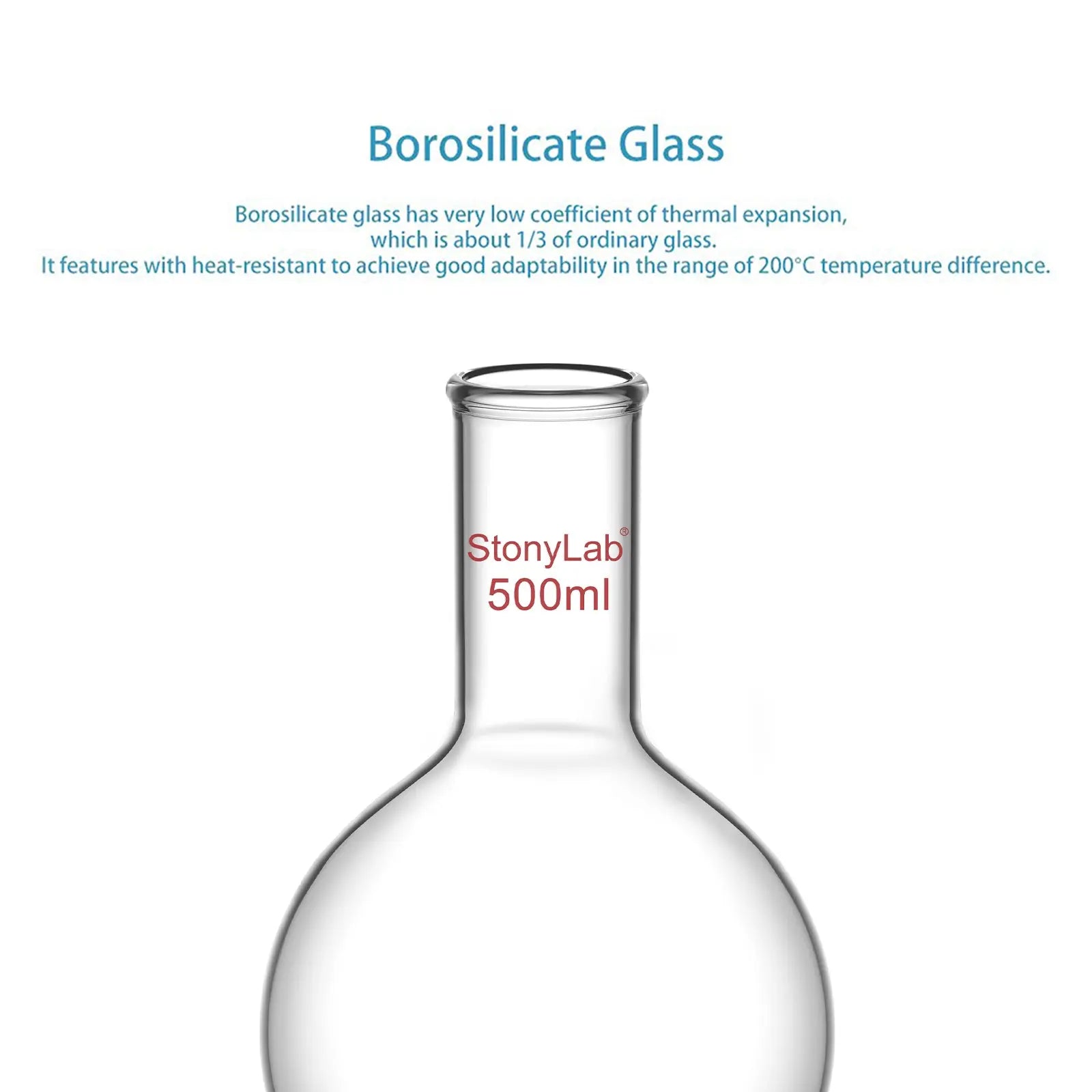 Side view and dimensional layout of the durable StonyLab Long Neck Round Bottom Flask