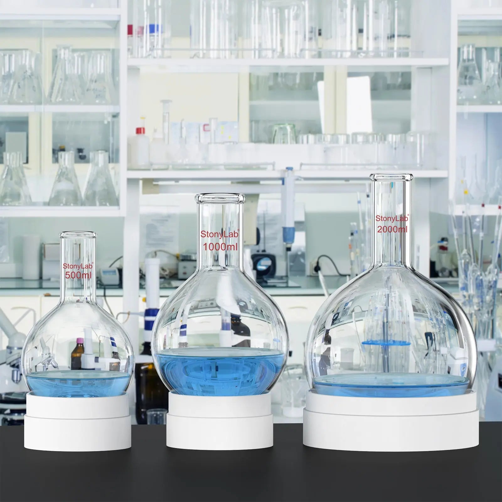 Comprehensive product view and setup components for StonyLab Long Neck Round Bottom Flask