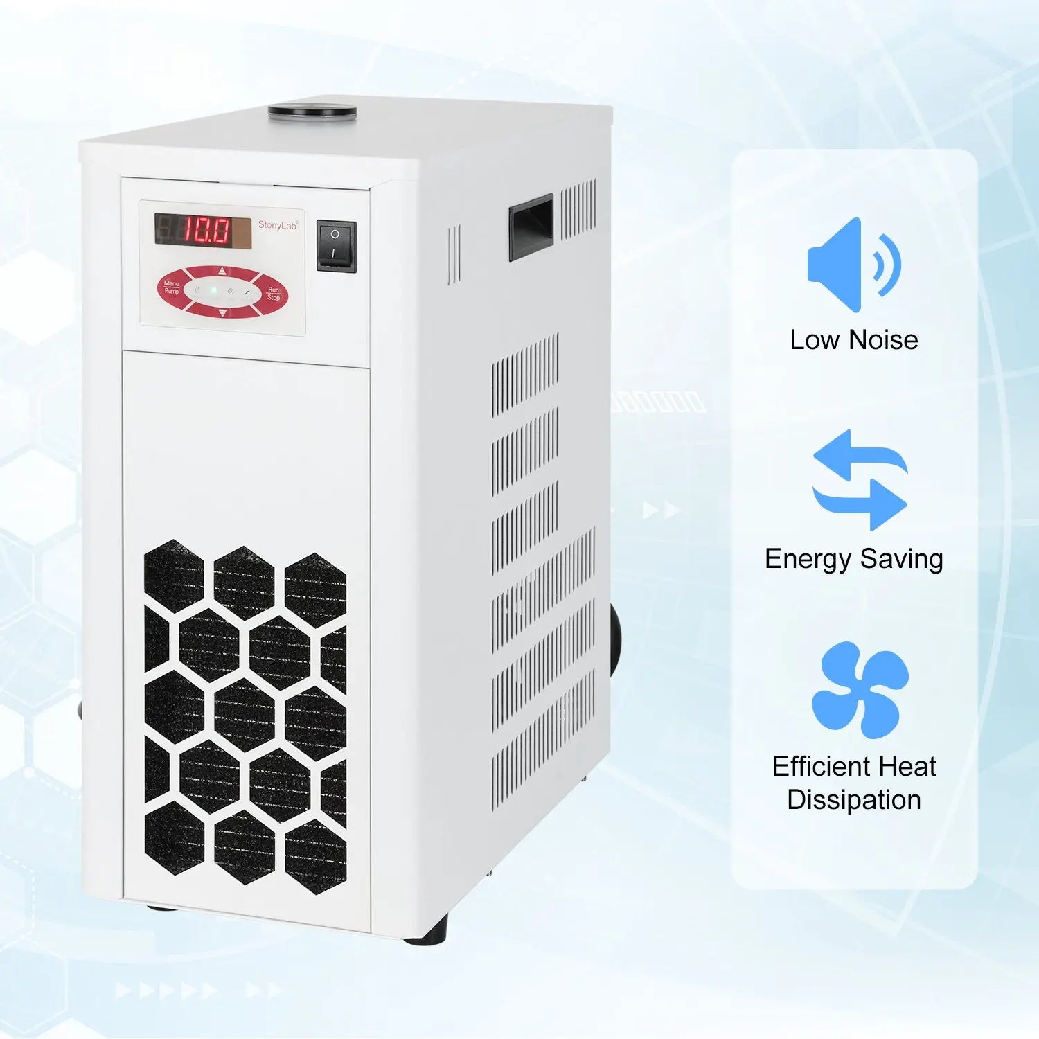Side view and dimensional layout of the durable StonyLab Refrigerated Circulator