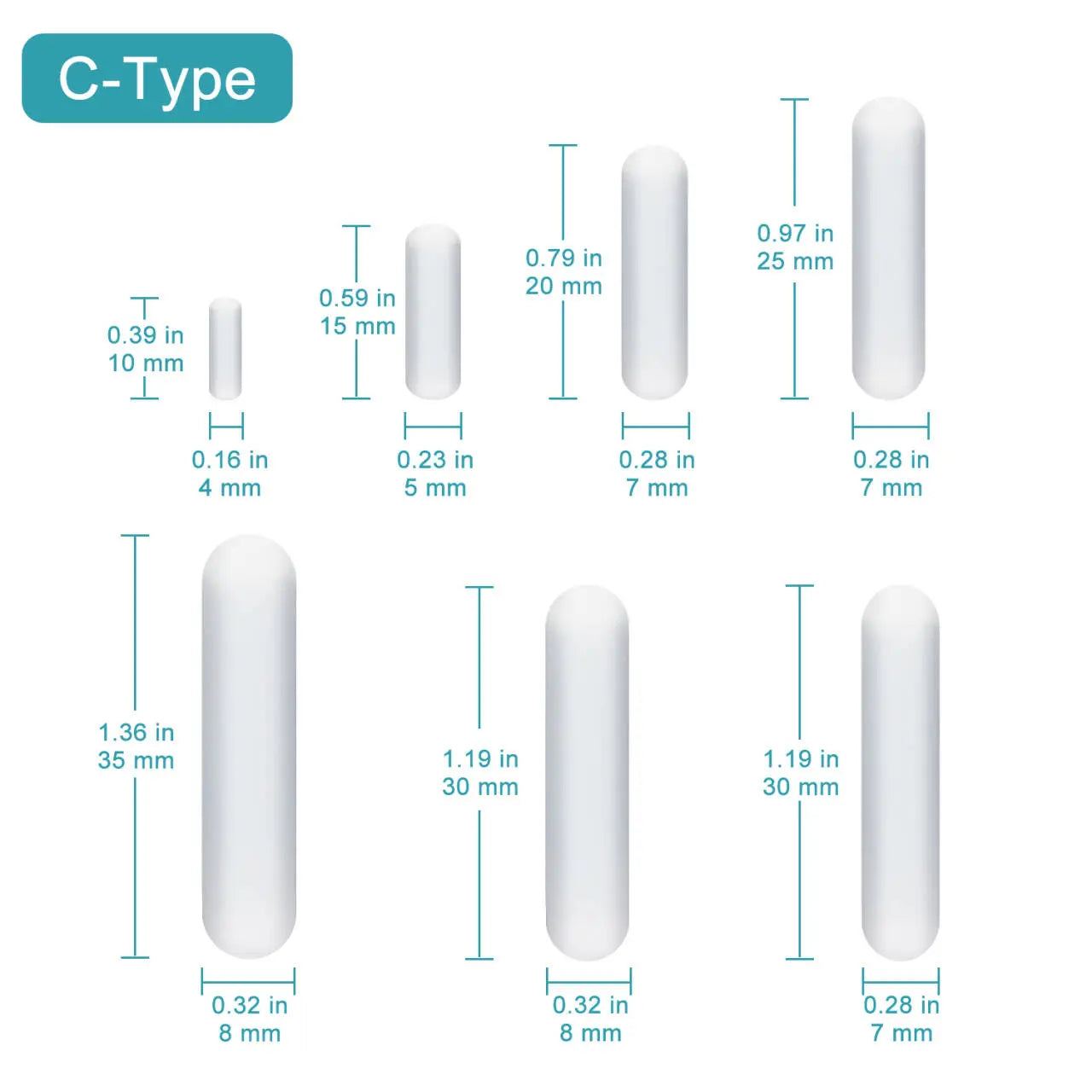 Side view and dimensional layout of the durable StonyLab Magnetic Stir Bar Set