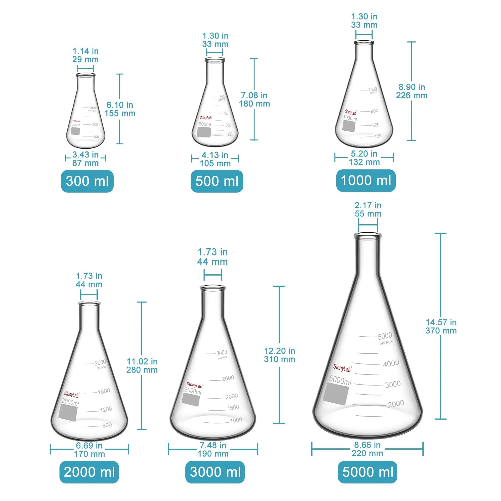 Side view and dimensional layout of the durable StonyLab Narrow Mouth Erlenmeyer Flasks