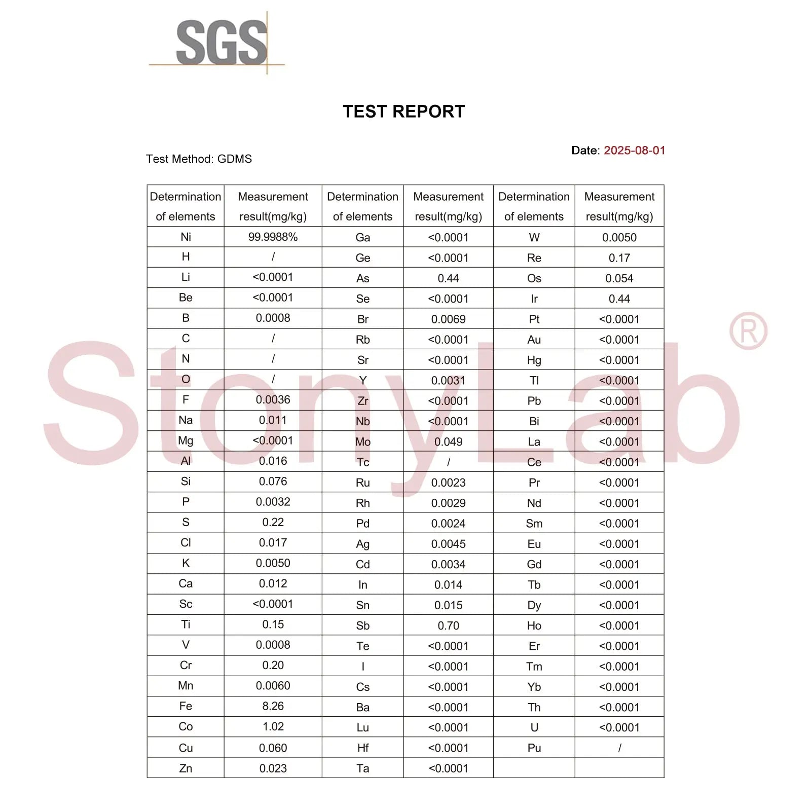Nickel Sheet Electrode, 10x10x0.1 mm, 99.99% Purity, SGS Certified - GDMS Tested Electrode-General