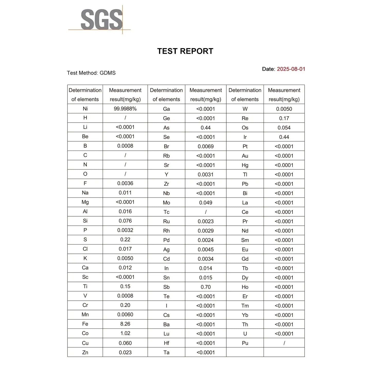 Nickel Sheet Electrode, 10x10x0.1 mm, 99.99% Purity, SGS Certified – GDMS Tested, for Single-Chamber Tubular Cell (≤10 ml) Electrode for Tubular Cell (≤10 ml)