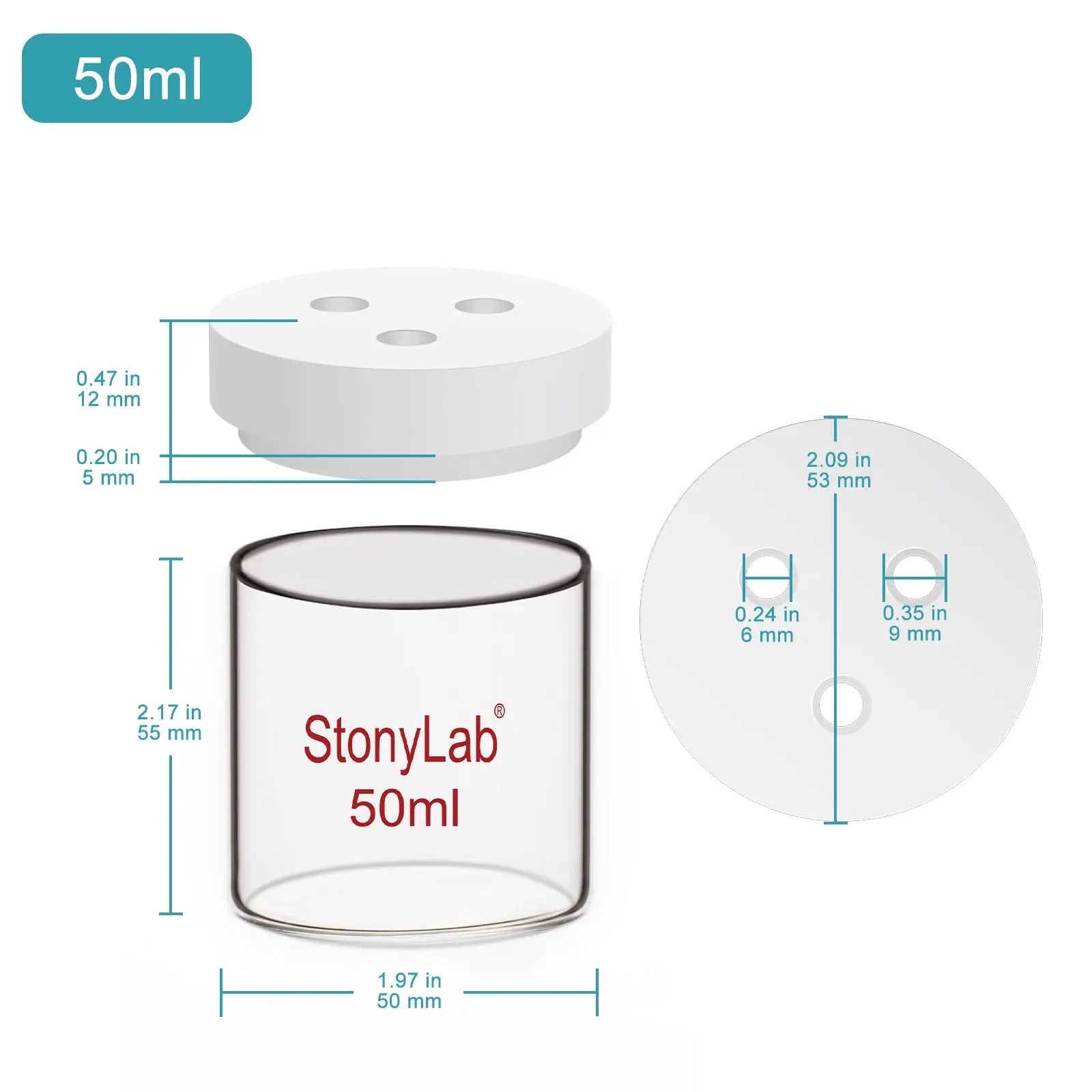 Side view and dimensional layout of the durable StonyLab Non-Sealed Electrolytic Cell [50-100 ml]