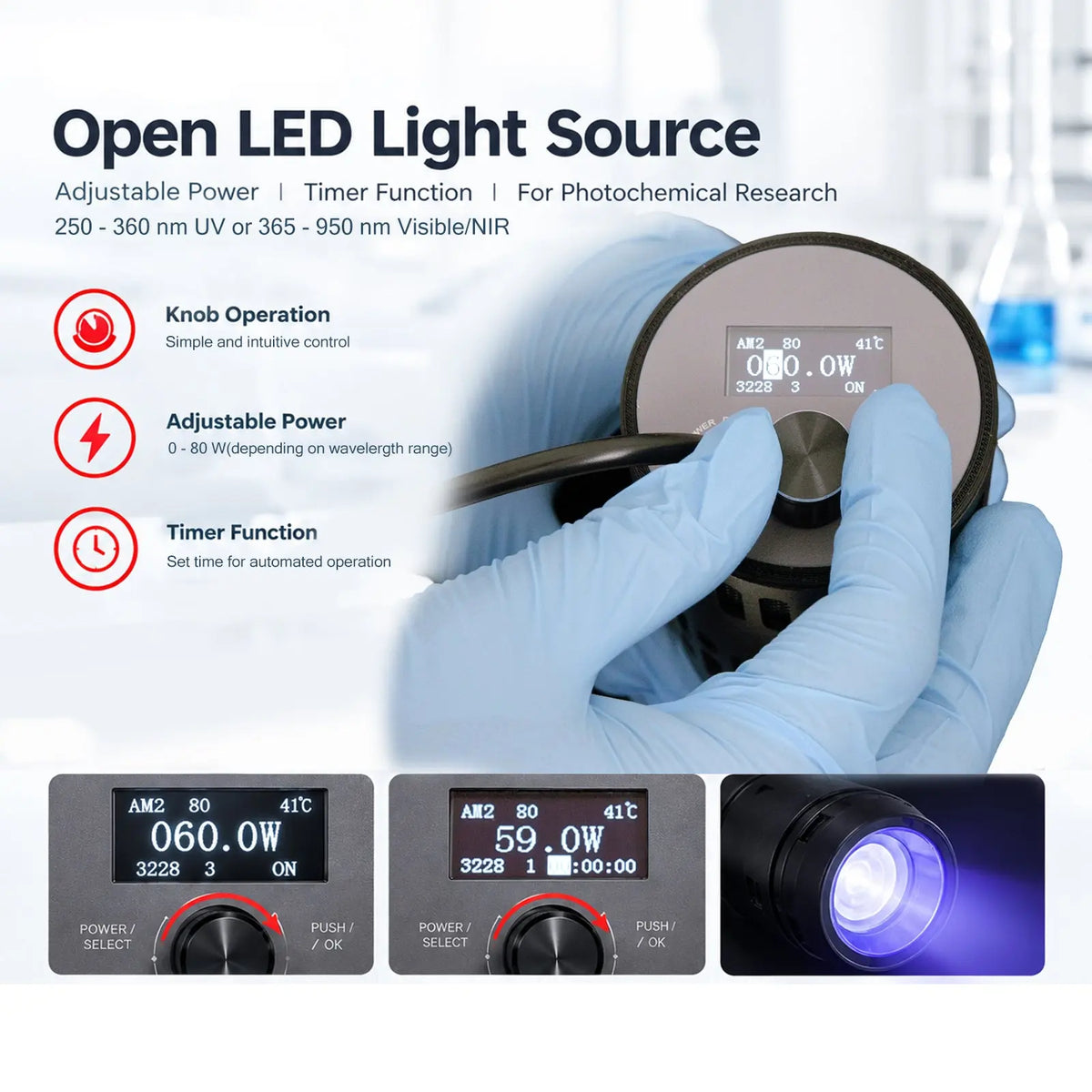 Open LED light source with adjustable output power, 250-360 nm UV or 365-950 nm Visible-NIR for photochemical research StonyLab