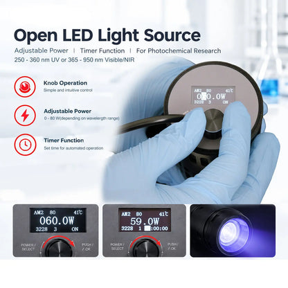 Open LED light source with adjustable output power, 250-360 nm UV or 365-950 nm Visible-NIR for photochemical research StonyLab