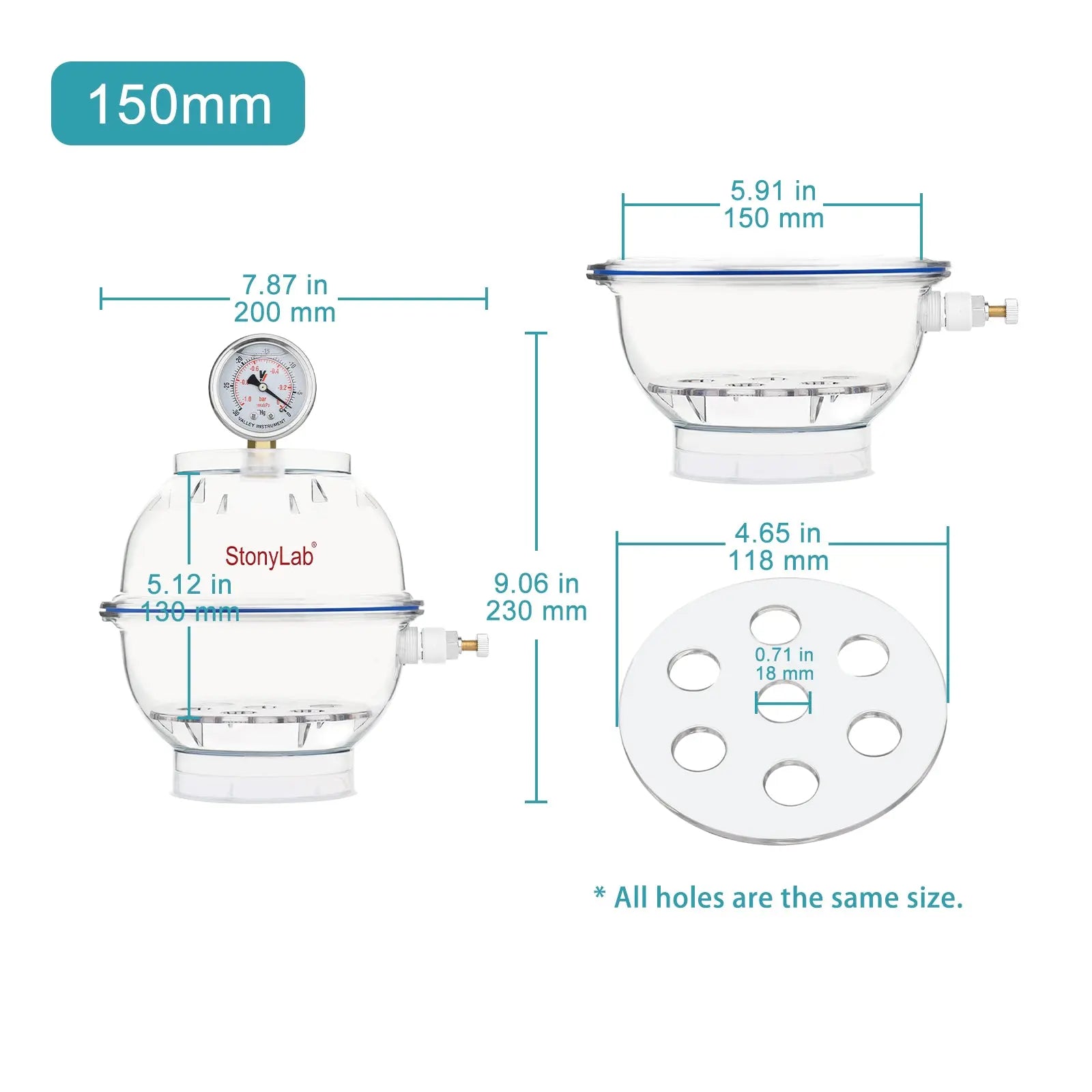 PC Vacuum Desiccator, I.D 150 mm - 300 mm Desiccators-Vacuum