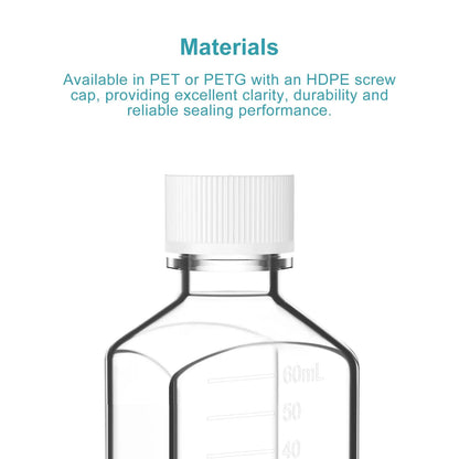 PET PETG square media bottle sterile leak-resistant laboratory bottle with HDPE cap 30–1000 ml capacity StonyLab