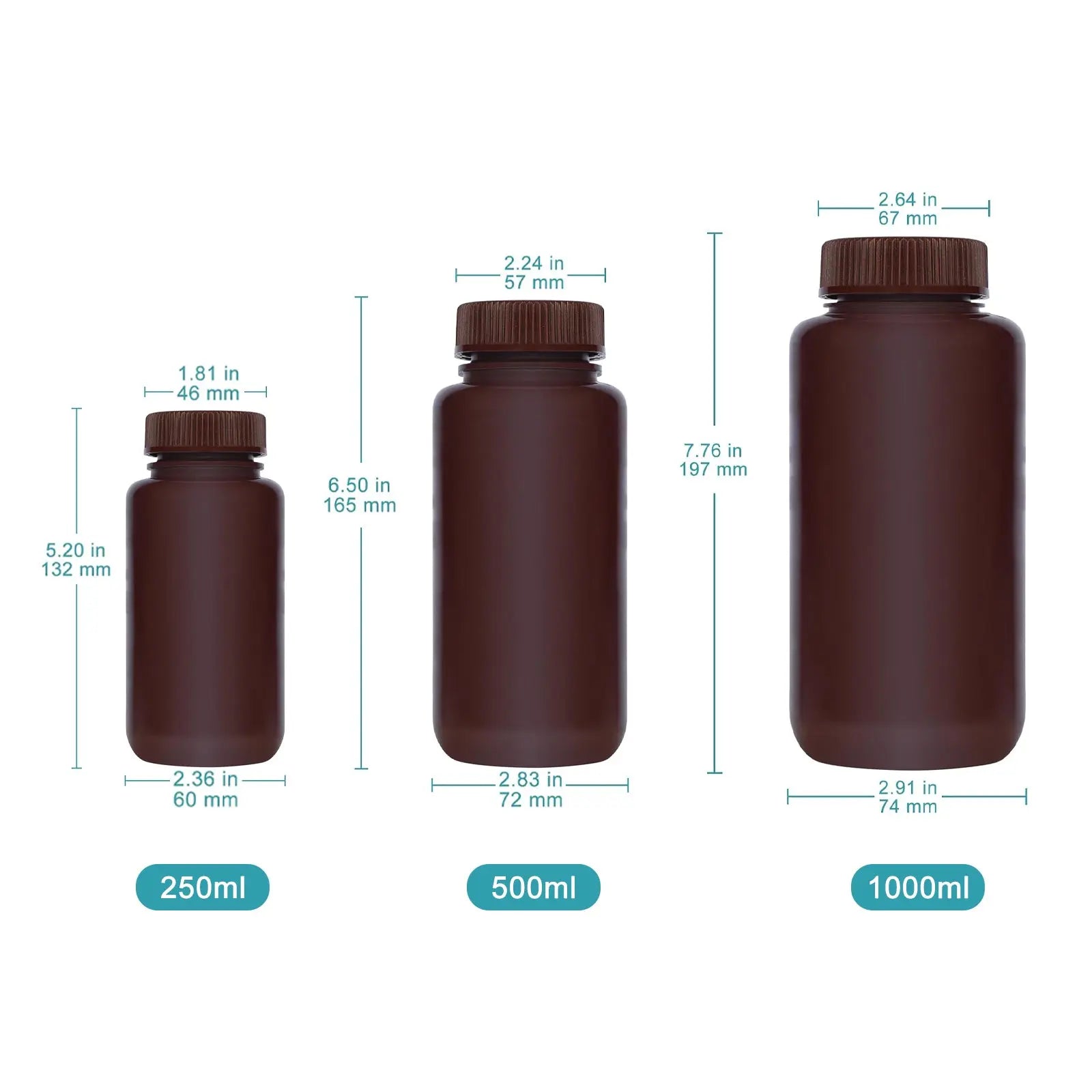 PP Amber Wide Mouth Reagent Bottle, 2 Pack, 250-1000 ml Bottles-Storage Bottles