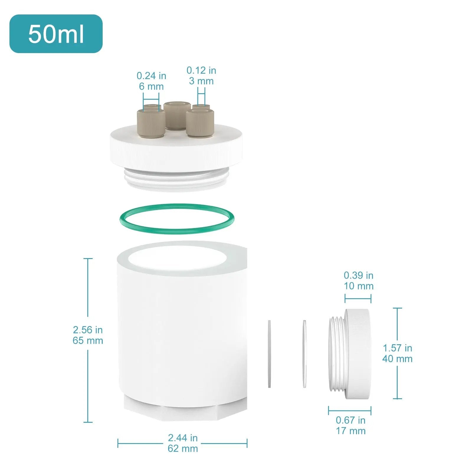 Side view and dimensional layout of the durable StonyLab PTFE Sealed Electrolytic Cell with Quartz Optical Window [50-100 ml]