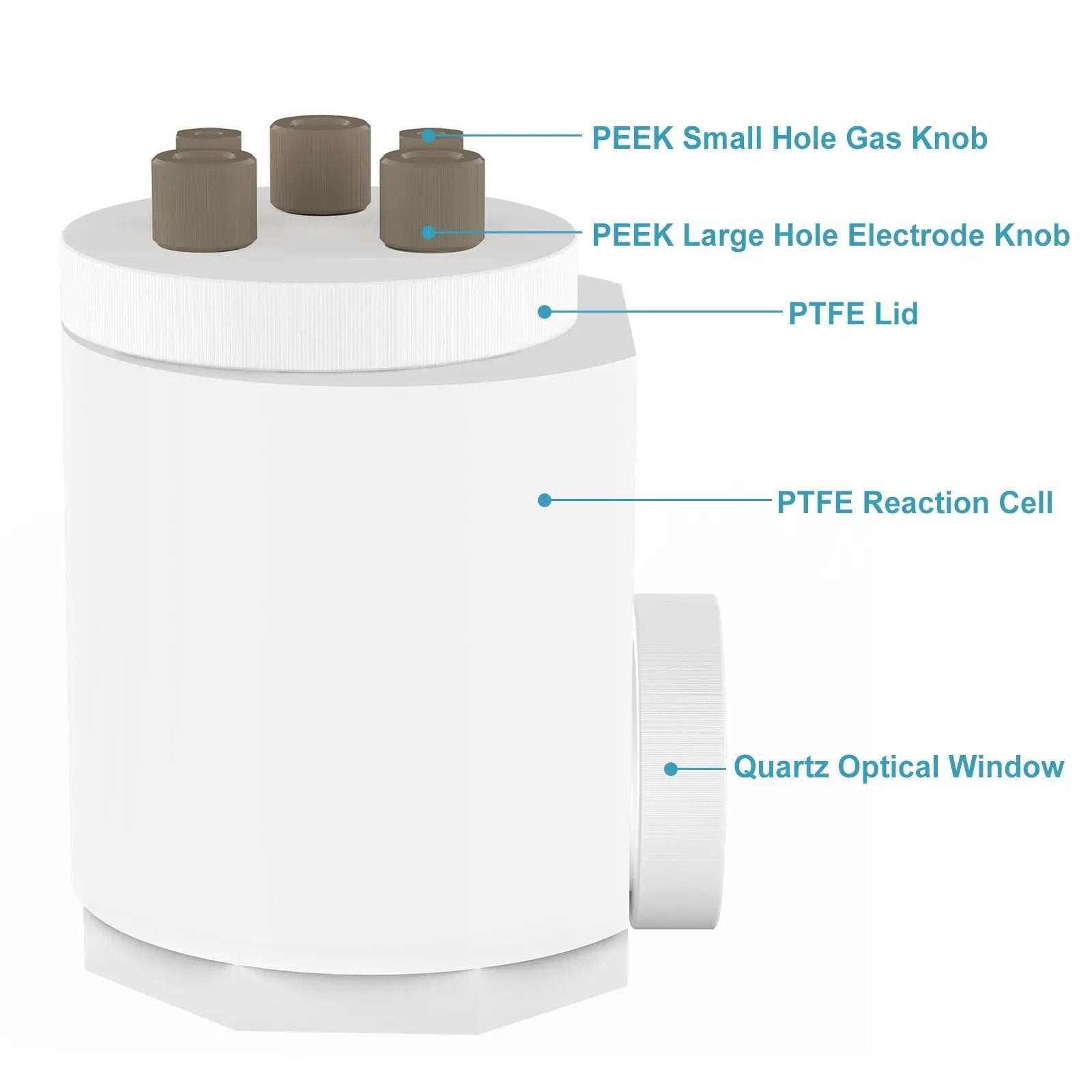 Detailed structural assembly component for StonyLab PTFE Sealed Electrolytic Cell with Quartz Optical Window [50-100 ml]