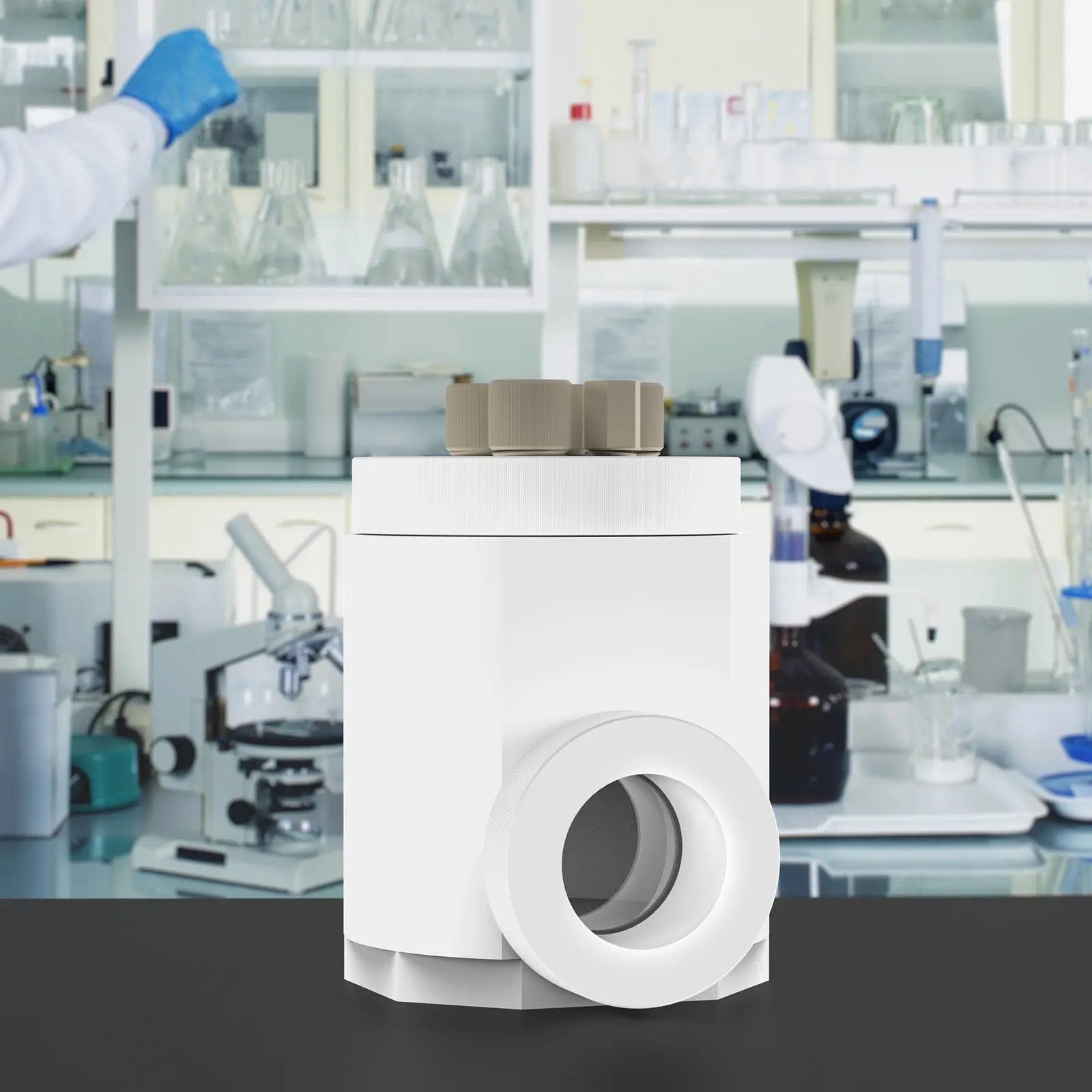 Comprehensive product view and setup components for StonyLab PTFE Sealed Electrolytic Cell with Quartz Optical Window [50-100 ml]