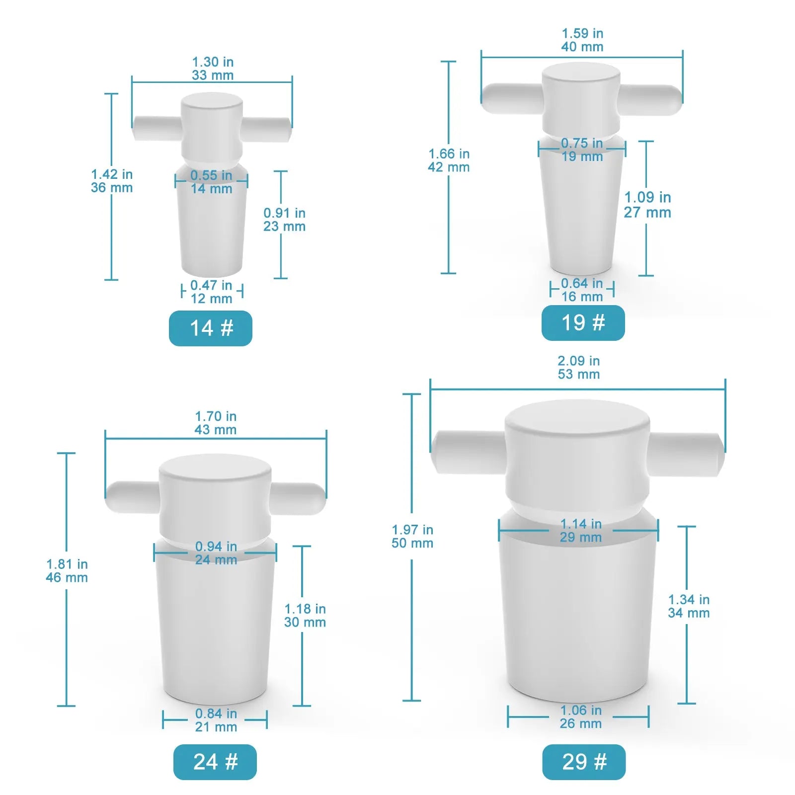 Close-up view showing the precise design and material of StonyLab PTFE Stoppers
