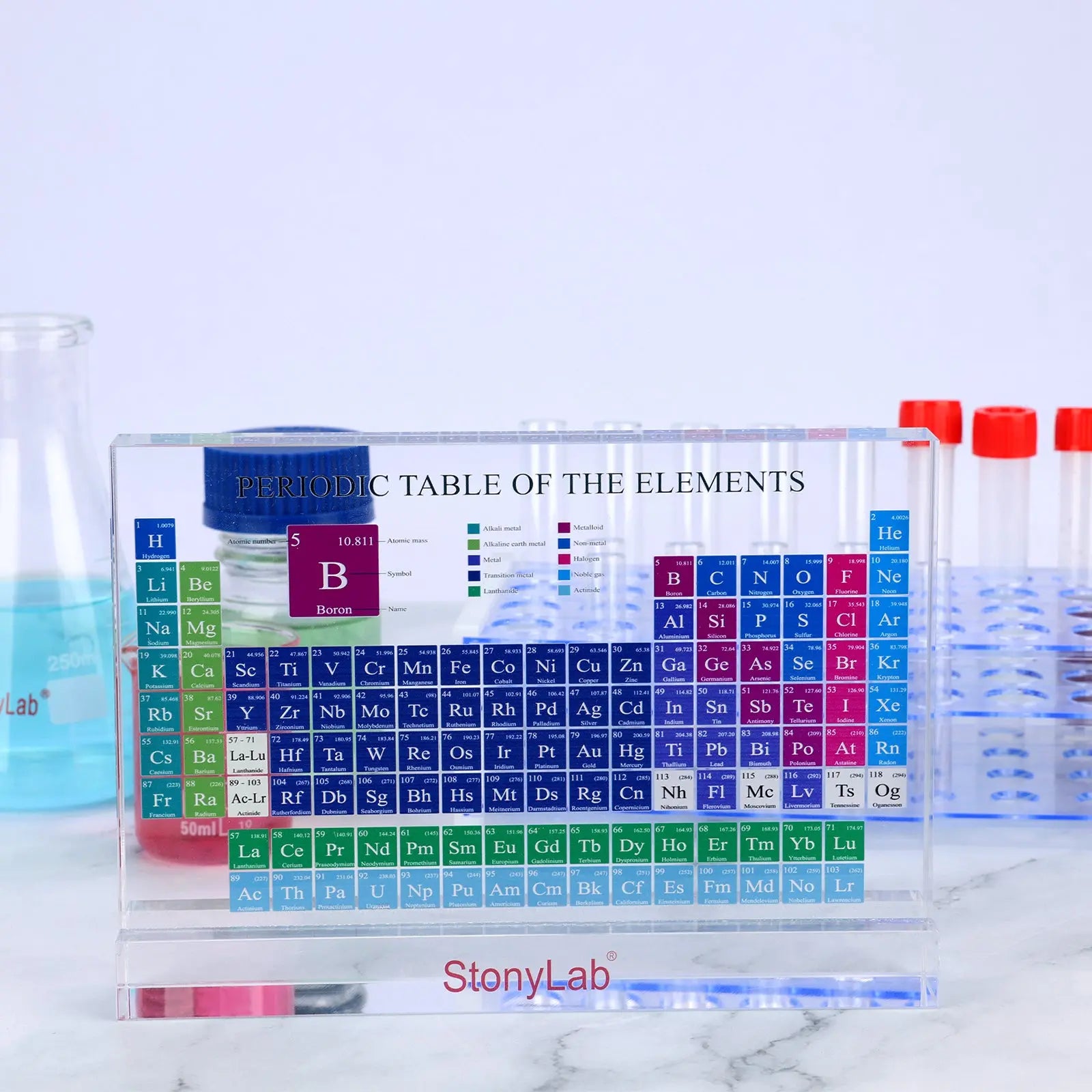Side view and dimensional layout of the durable StonyLab Periodic Table with Real Elements Inside