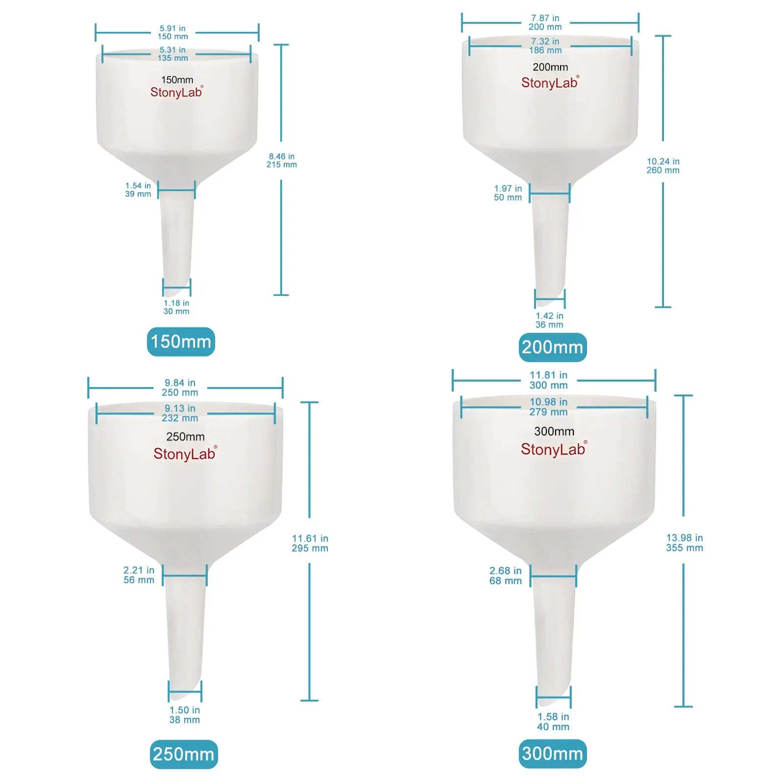 Side view and dimensional layout of the durable StonyLab Porcelain Buchner Funnel