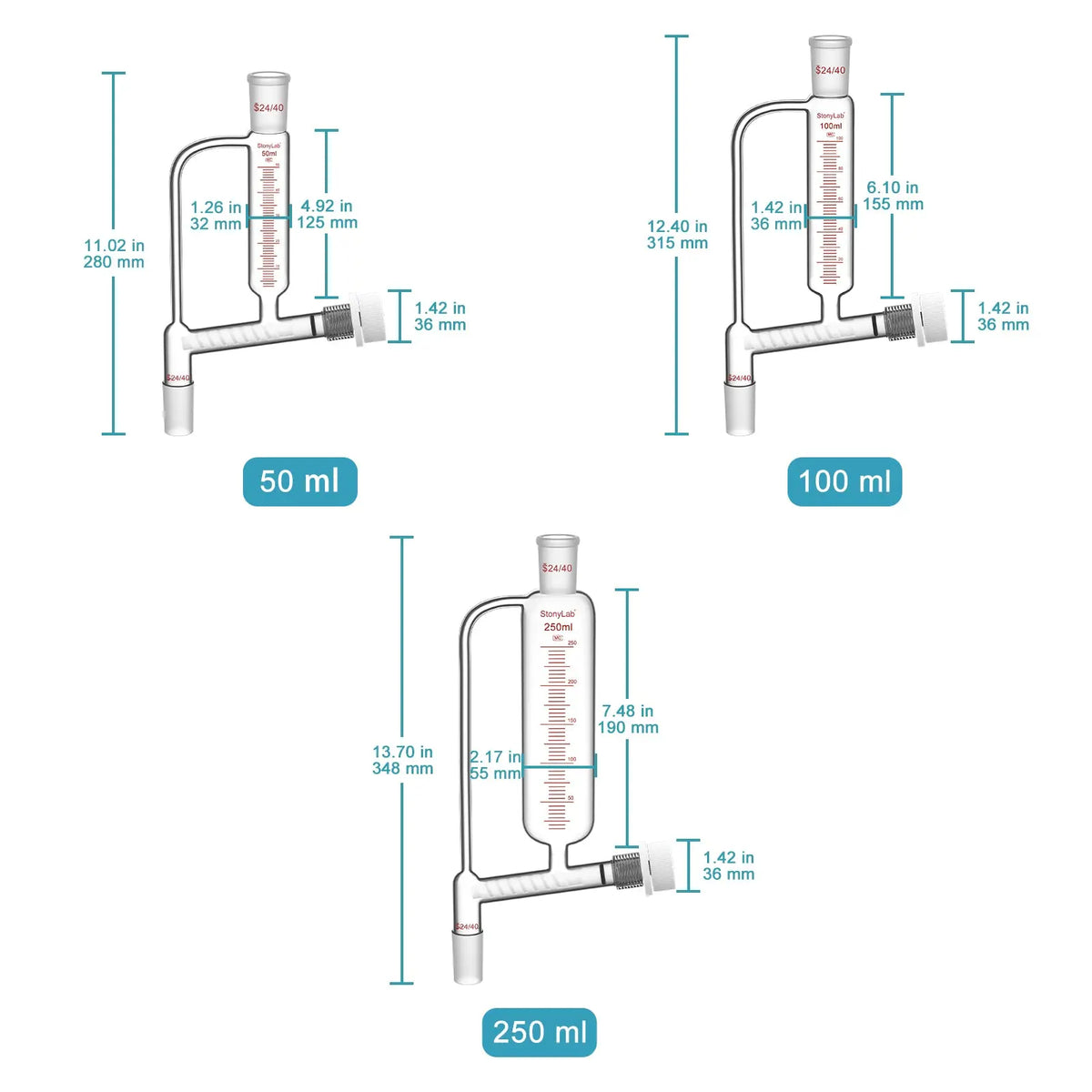 Powder feeding funnel with 24/40 ground glass joints and PTFE stopcock, 50-250 ml, for controlled laboratory powder addition StonyLab