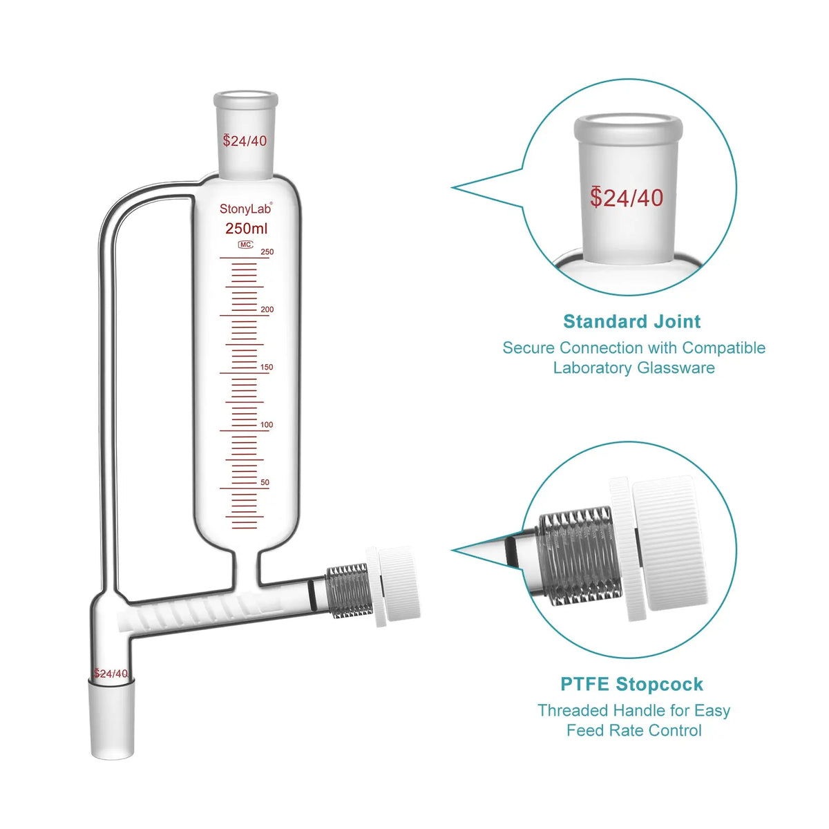 Powder feeding funnel with 24/40 ground glass joints and PTFE stopcock, 50-250 ml, for controlled laboratory powder addition StonyLab