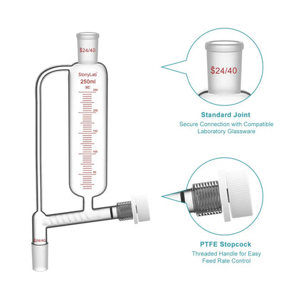 Powder feeding funnel with 24/40 ground glass joints and PTFE stopcock, 50-250 ml, for controlled laboratory powder addition StonyLab