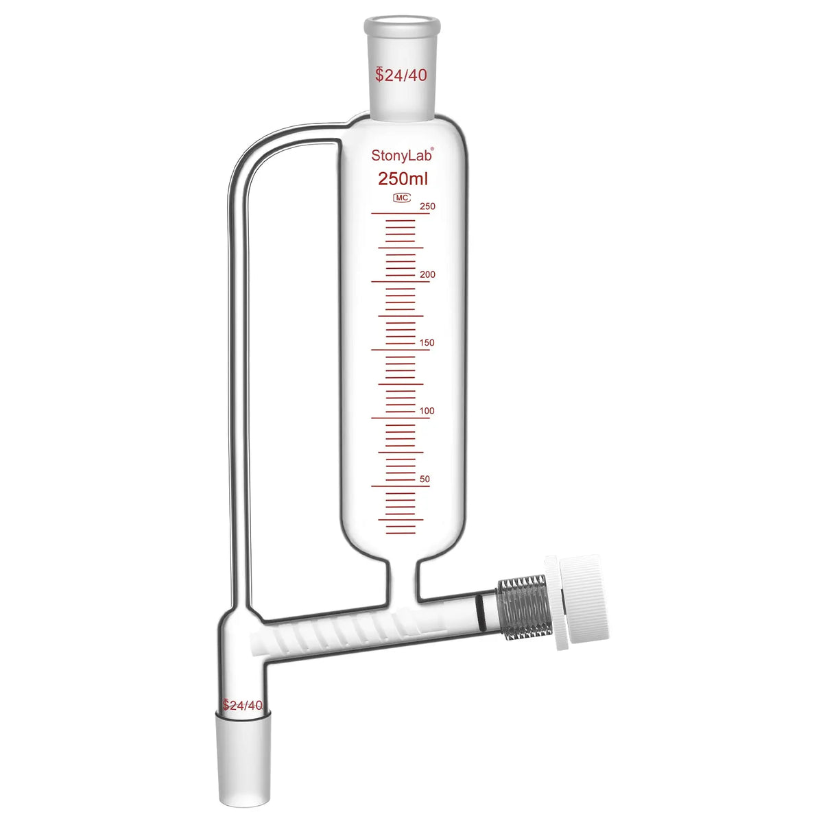 Powder feeding funnel with 24/40 ground glass joints and PTFE stopcock, 50-250 ml, for controlled laboratory powder addition StonyLab