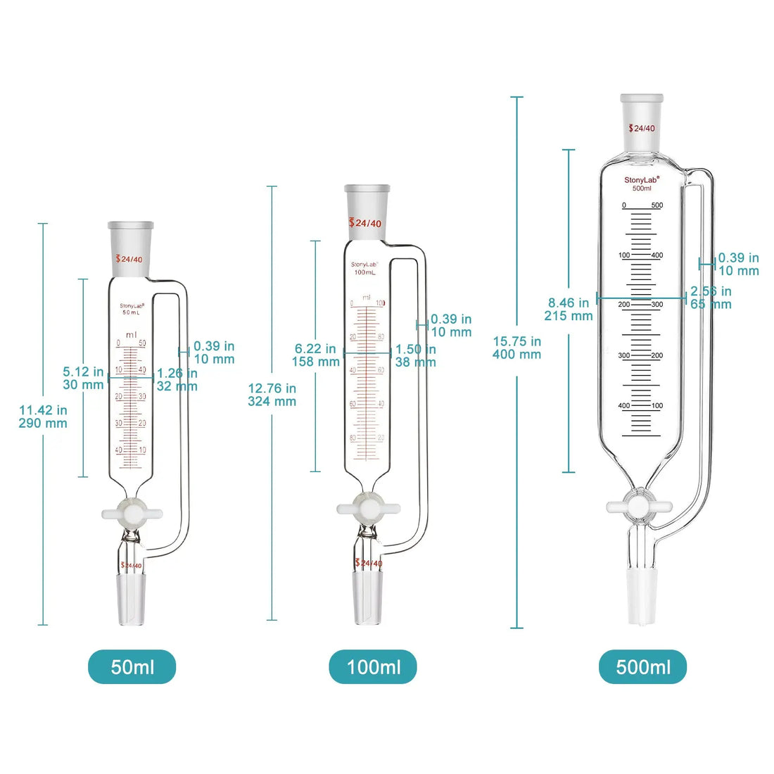 Addition Funnel PTFE Stopcock 24/40 Lab Glass | StonyLab