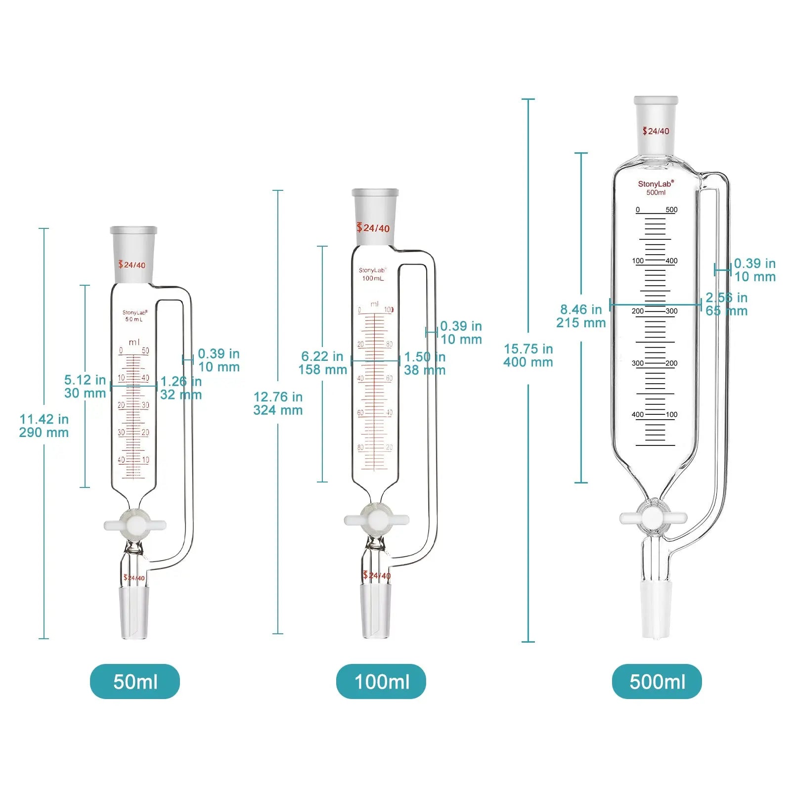 Close-up view showing the precise design and material of StonyLab Pressure Equalizing Graduated Addition Funnel with 24