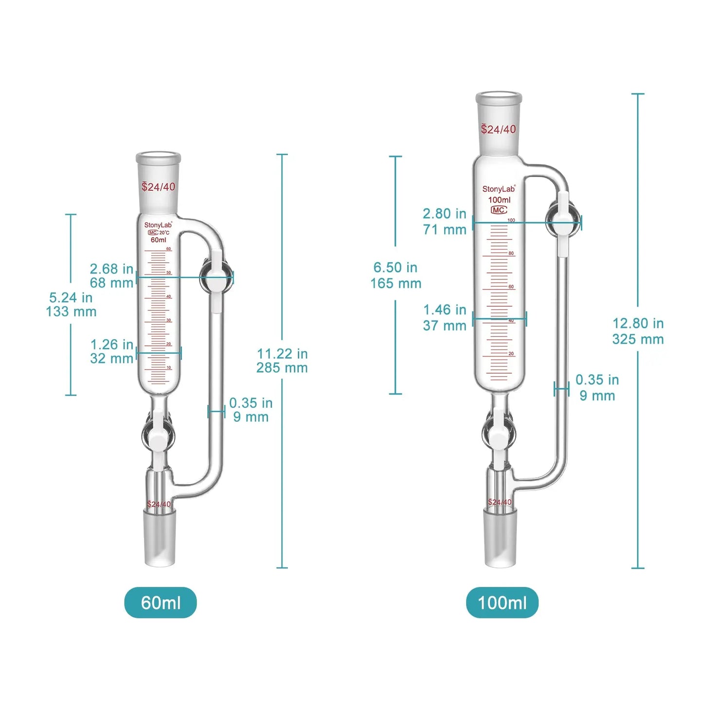 Pressure Equalizing Graduated Addition Funnel, 24/40 Joints, 2 PTFE Stopcock, 60-100 ml Funnels-Pressure Equalizing Addition