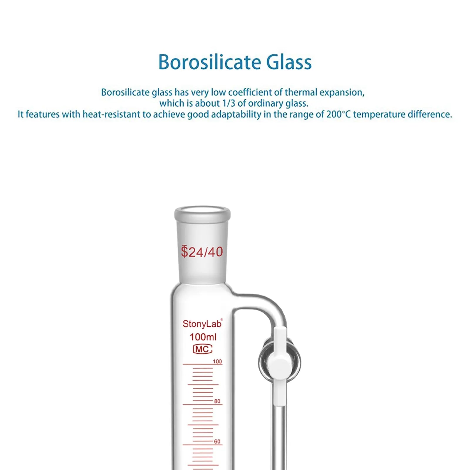 Side view and dimensional layout of the durable StonyLab Pressure Equalizing Graduated Addition Funnel