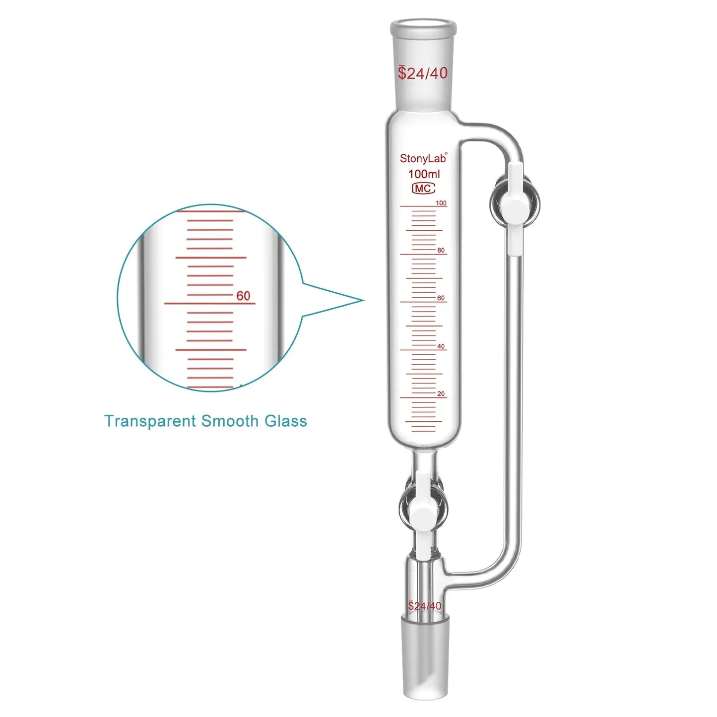 Pressure Equalizing Graduated Addition Funnel, 24/40 Joints, 2 PTFE Stopcock, 60-100 ml Funnels-Pressure Equalizing Addition