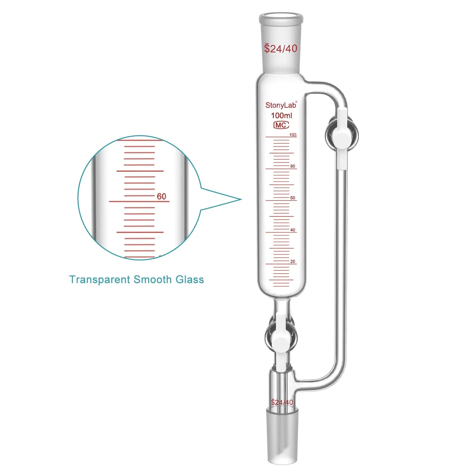 Pressure Equalizing Graduated Addition Funnel, 24/40 Joints, 2 PTFE Stopcock, 60-100 ml Funnels-Pressure Equalizing Addition