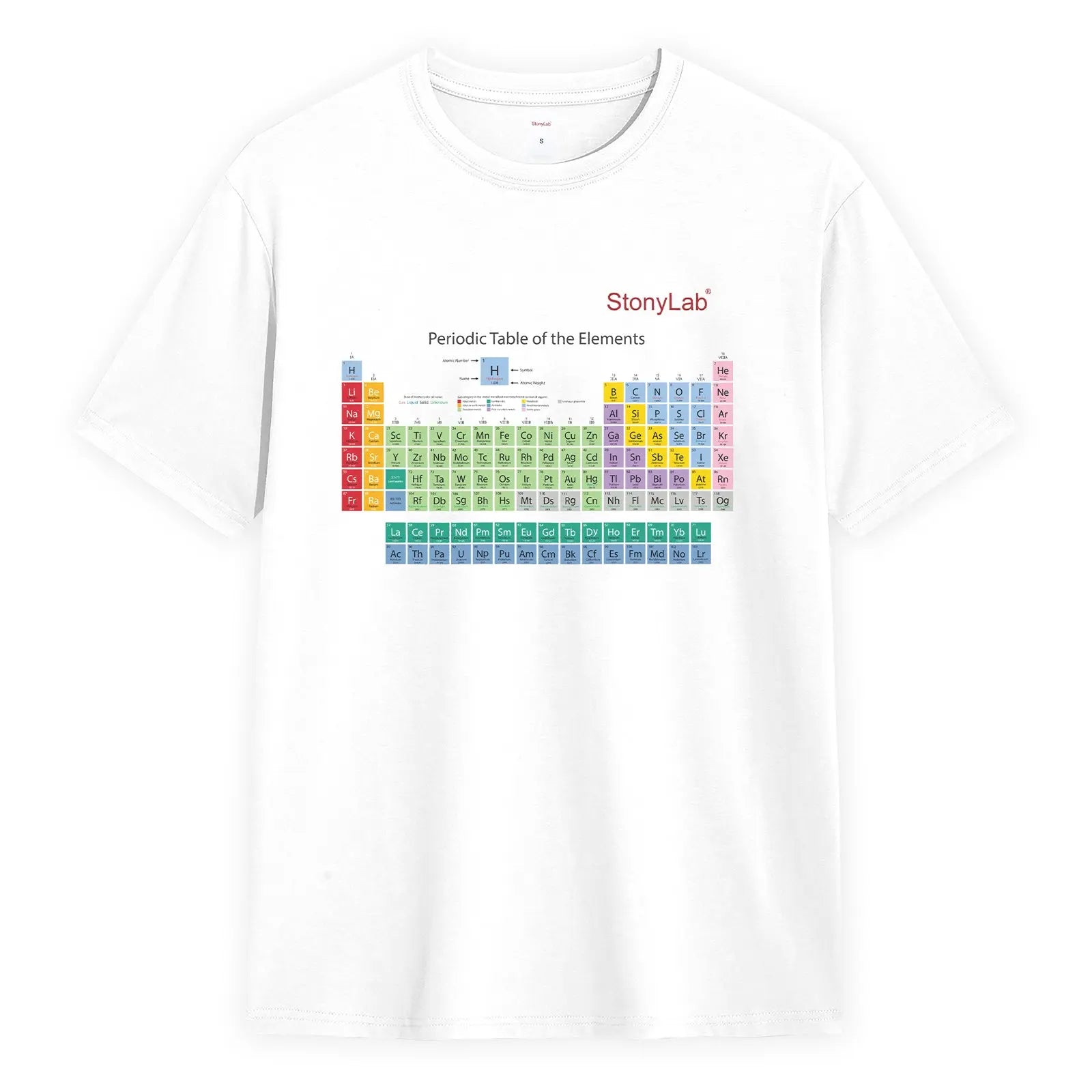 Side view and dimensional layout of the durable StonyLab Pure Cotton T-Shirt with Periodic Table Graphic