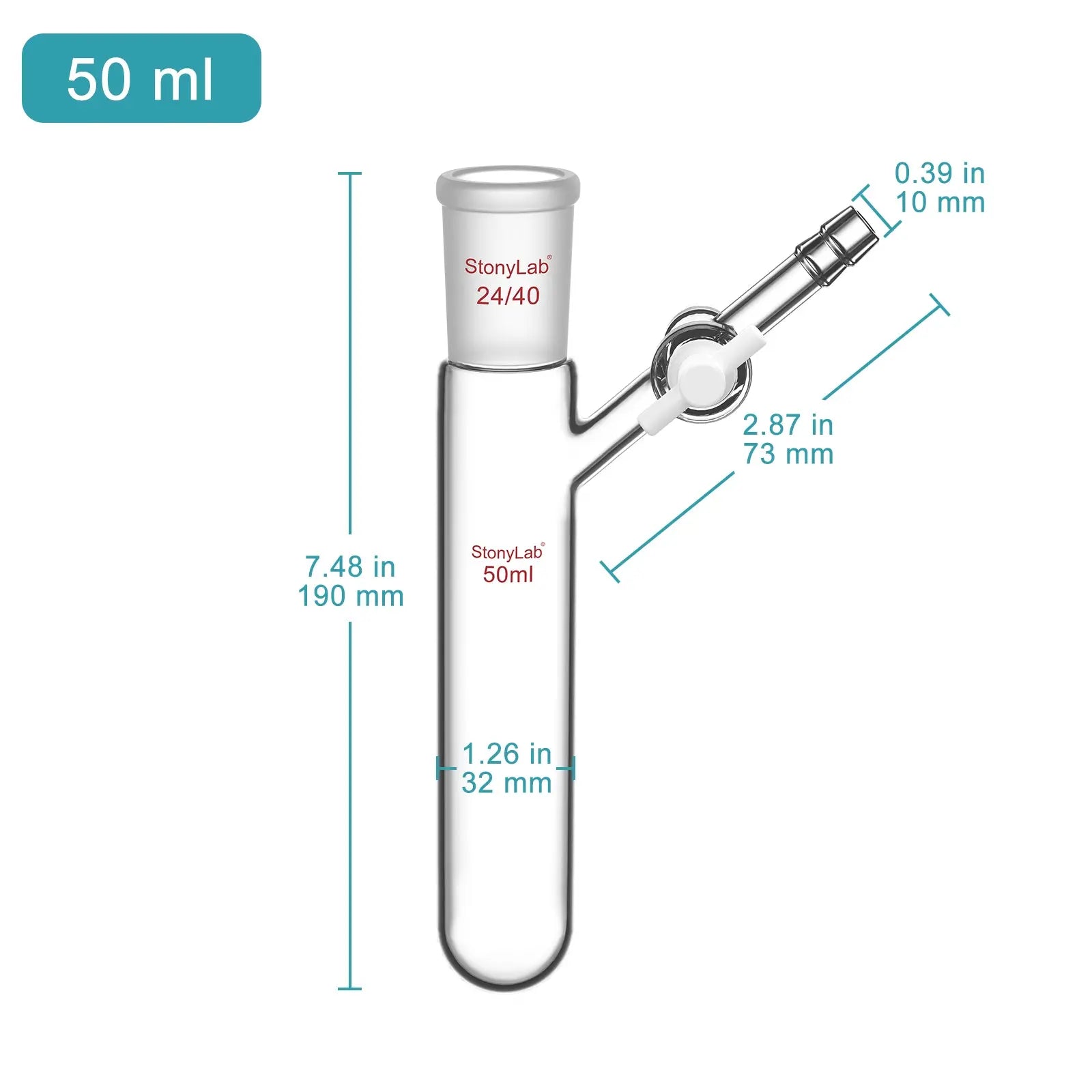 Close-up view showing the precise design and material of StonyLab Reaction Tube with PTFE Stopcock